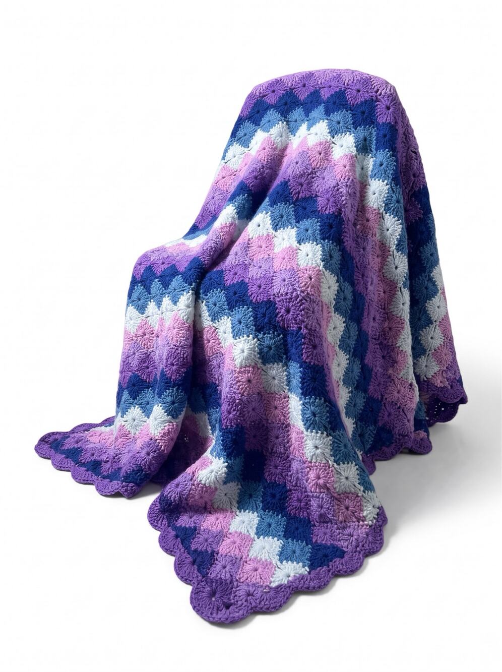 VTG Handmade Granny 62x84 Chevron Ripple Gradient Blue, Purple Crochet Throw